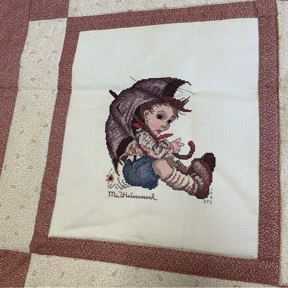 Cute vintage Hummel cross stitch quilt 40” x 61.5” cottagecore rustic grandma